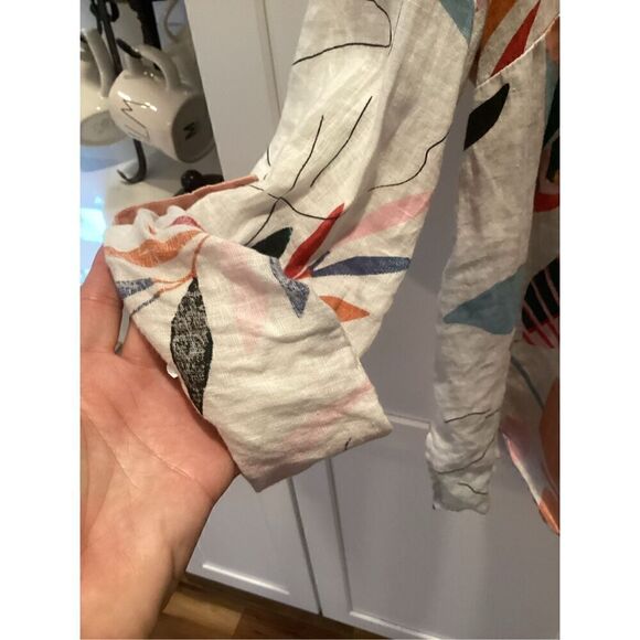 Cynthia Rowley 100% Linen Top Tunic Sz 2X Roll Tab Sleeve Tropical - Picture 3 of 10